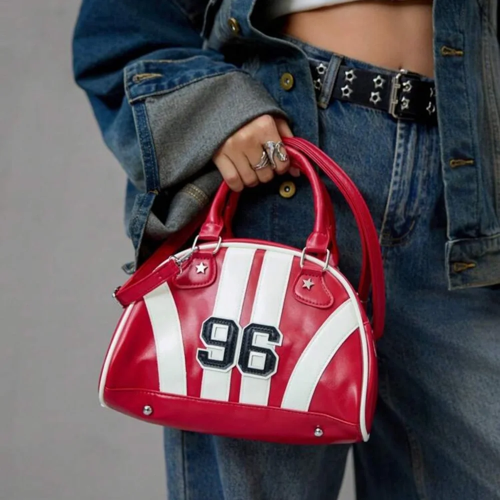 Red and White Striped Dome Satchel Bag w. '96' Patch - Picture 4 of 11